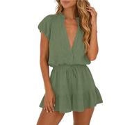 KODMNSW Jumpsuit Damen Sommer Kurz Elegant Overall V-Ausschnitt Weites Bein Hosenanzug mit Knopf Kordelzug Lockere Mode Einteiler Kurzarm Hosenkleid Playsuit Frauen Romper Grün M