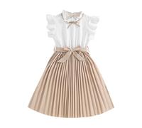 KODMNSW Kleid Mädchen mit Gürtel 2-TLG Sommerkleid Festliche Kleider Kinderkleider Rundhal Freizeitkleid Plisseekleid Sommerkleider Knielang für 8-12 Jahre Khaki 9 Jahre