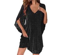 KODMNSW Kleider für Damen Sommerkleid 3/4 Arm Paillettenkleid Elegante Partykleid V-Ausschnitt Tunikakleid Loose Fit Freizeitkleid Festkleider Abendkleider Cocktailkleid Minikleid Schwarz M