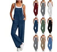 KODMNSW Latzhose Damen Sommer Verstellbare Overall Elegant Jumpsuit Breites Bein Trägerhose Baggy Strampler Ärmellos Hosenanzug mit Tasche Baumwoll Leinen Optik Playsuit Blau M