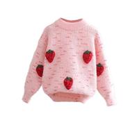 KODMNSW Mädchen Pullover Rundhals Freizeit Strickpullover Erdbeer-Print Süß Pulli Kuschelpulli Herbst Winter Langarm Oberteile Mode Kinder Kleidung Gestrickt Top Kuschelpullover Rosa 8 Jahre