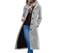 KODMNSW Mantel Damen Lang Wintermantel Vintage Wollmantel Reverskragen Elegant Trenchcoat Warm Wolle Mäntel Einfarbig Dufflecoat mit Tasche Fleecemantel Tweedmantel Frau Winter Mantel Grau XL