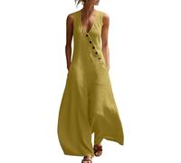 KODMNSW Overall Damen Sommer Jumpsuit Elegant V-Ausschnitt Ärmellos Hosenanzug mit Tasche Knopf Baumwoll Leinen Optik Playsuit Baggy Strampler Einfarbige Strand Casual Einteiler Gelb XL