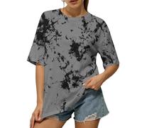 KODMNSW Oversized Tshirt Damen Sommer Batik Longshirt Farbverlauf T-Shirt Bunt Shirt Rundhals Casual Kurzarm Oberteile Elegante Pullover Tie-Dye Modische Tee Top Lose Kurzarmshirt Grau L