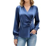 KODMNSW Satin Bluse Damen Elegant Blusen Langarm Seidig Shirt Blusenshirt Arbeitshemd Festliche Bluse V-Ausschnitt Elegante Oberteile Seiden Hemdbluse Faltenhemd Chiffon Hemd Marine M