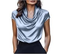 KODMNSW Satinbluse Damen Sommer Bluse Elegant Oberteile Kurzarm Festliche Top Business Hemdbluse Seidig Shirt Modische Kurzarmshirt Blusenshirt Frauen Tunika Lässig Tshirt Sommerbluse Hellblau XL