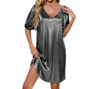 KODMNSW Sommerkleid für Damen Paillettenkleid Elegante Partykleid Kurzarm Kleid V-Ausschnitt Tunikakleid Loose Fit Freizeitkleid Festkleider Abendkleider Cocktailkleid Minikleid Silber XXL