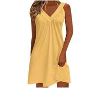 KODMNSW Sommerkleider Damen Strandkleid Freizeitkleid Einfarbig Sommer Kleid Elegante Kleider Leicht und Luftig Damenkleid Abendkleider Loose Fit Cocktailkleid Tshirtkleid Tunikakleid Gelb L