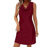 KODMNSW Sommerkleider für Damen Satin Kleid Elegante Partykleid Sommer Kleider Einfarbig Freizeitkleid Abendkleider Passform Damenkleider Modisch Festkleider Tunikakleid Hemdblusenkleid Rot M