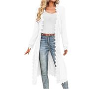 KODMNSW Strickjacke Damen Lang Cardigan Strickjacken mit Spitze übergangsjacke Locker Casual Feinstrickjacke Leichte Strickmantel Damenstrickjacke Dünnejacke Weich Strickcardigan Weiß L