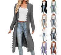 KODMNSW Strickjacke Damen Lang Cardigan Strickjacken mit Spitze übergangsjacke Locker Casual Feinstrickjacke Leichte Strickmantel Damenstrickjacke Dünnejacke Weich Strickcardigan Dunkelgrau XL