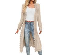 KODMNSW Strickjacke Damen Lang Cardigan Strickjacken mit Spitze übergangsjacke Locker Casual Feinstrickjacke Leichte Strickmantel Damenstrickjacke Dünnejacke Weich Strickcardigan Beige L