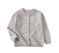 KODMNSW Strickjacke Mädchen Gestrickt Baumwolle Cardigan Rundhalsausschnitt Casual Pullover mit Knopf Warm Bequem Schuluniform Leichte Strickmantel Feinstrickjacke für Kinder Grau 140