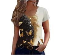 KODMNSW T-Shirt für Damen Kurzarm Tshirt Modische Drucke Sommer Tops Basic Bluse Elegant Sommershirt mit Knopf Rundhalsaus Casual Tee Top Frauen Lässig Kurzarmshirt Oberteil Schwarz XL