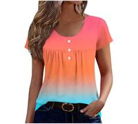 KODMNSW T-Shirt für Damen Kurzarm Tshirt Modische Drucke Sommer Tops Basic Bluse Elegant Sommershirt mit Knopf Rundhalsaus Casual Tee Top Frauen Lässig Kurzarmshirt Oberteil Orange XL