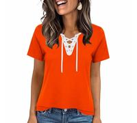 KODMNSW T-Shirt für Damen Sommer Tops Elegant Basic Bluse Kurzarm Tshirt V-Ausschnitt Oberteile Frauen Tee Top Sportshirt Lässig Kurzarmshirt Laufshirt 2026 Modische Tshirts Orange 3XL