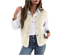 KODMNSW Teddy Fleece Weste Damen Fleeceweste V-Ausschnitt Elegant Teddyweste Wärmer Damenweste Einfarbiges Ärmellose Teddyjacke Frauen Westen mit Knopf Plüschweste Übergangsjacke Beige XXL