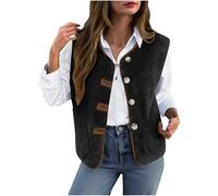 KODMNSW Teddy Fleece Weste Damen Fleeceweste V-Ausschnitt Elegant Teddyweste Wärmer Damenweste Einfarbiges Ärmellose Teddyjacke Frauen Westen mit Knopf Plüschweste Übergangsjacke Schwarz XL