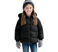 KODMNSW Winterjacke Mädchen Fleece Winterparka mit Fellkapuze Winddichter Warmer Gefüttert Wintermantel Skijacke Winter Kinderjacke Jungen Pufferjacke Outdoorjacke Fleecejacken Schwarz 150