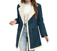 KODMNSW Wintermantel Damen Fleecejacke V-Ausschnitt Elegant Wildlederjacke mit Sherpa-Futter Lang Kunstlederjacke Wärme Winterjacke Teddyfleece Jacke Winter Mantel for Women Dunkelblau XXL