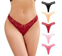 KOEMCY 5 Stück Unterhosen Damen Spitze Slips Mehrpack Thong Pantys Nahtlos Hipster Baumwolle Unterwäsche Atmungsaktiv Tanga