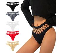 KOEMCY 5er Pack Tangas für Damen Aushöhlen Schlüpfer Sexy Mesh Panties T Back Nahtlose Thongs High Taille Panties Erotische Unterwäsche (M)