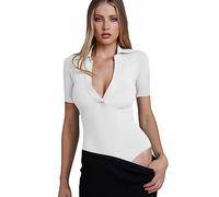KOEMCY Body Damen Kurzarm Vausschnitt Bodysuit Elegant Hemdkragen Bodys für Frauen Oberteil Shapewear Formend Kurzarmbody Bluse Tops Unterziehbody Figurformend Alltagskleidung