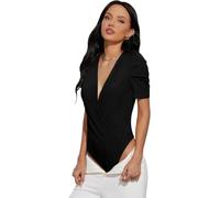 KOEMCY Body Damen Kurzarm Vausschnitt Bodysuit Wickeloptik Elegant Oberteil Bodys für Frauen Kurzarmbody Shapewear Blusenbody Tanga Unterziehbody Formgebend Alltagskleidung