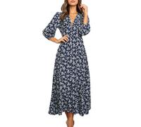 KOEMCY Boho Kleid Damen Blumen Langarm Herbst Kleider Hemdblusenkleid V-Ausschnitt Midikleid Button Down Strandkleid Blusenkleid Swing-Kleid (Blau,S)