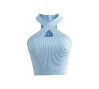 KOEMCY Crop Top Damen Ärmellos Bauchfrei Knitted Sexy Camisole Tank Top Casual Unterhemd (Blau)