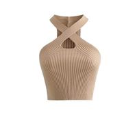 KOEMCY Crop Top Damen Ärmellos Bauchfrei Knitted Sexy Camisole Tank Top Casual Unterhemd (Khaki)