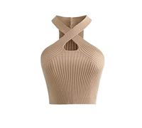 KOEMCY Crop Top Damen Ärmellos Bauchfrei Knitted Sexy Camisole Tank Top Casual Unterhemd (Khaki)
