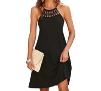 KOEMCY Damen A-Linie Strandkleid Boho Bikini Cover Up Sonnenkleid Gehäkeltes Hollow Out Aushöhlen Ärmellos Panzerkleid Schlankes Wickelkleid mit Tasche (Schwarz S)