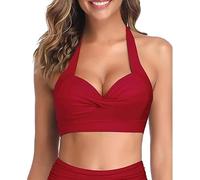 KOEMCY Damen Bikini Oberteil V Ausschnitt Push up Bikini Top Neckholder Swimsuit Bra Padded Rückenfreies Bikinioberteil Sommer Twist Front BH Badeanzug (Rot/M)