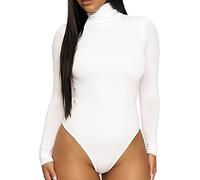 KOEMCY Damen Body Langarm Bodysuit Rollkragen Jumpsuit Elegant Schmal Bodysuits Tops Shapewear Overall Pullover Unterzieh Body Tops Freizeit Bodysuit (Weiß,XL)