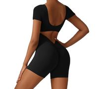 KOEMCY Damen Jumpsuit Kurz Eng Sport Romper kurzen Ärmeln Bodysuit Overall Stretch Bodycon Sportanzug Einteiler Ganzkörperanzug Trainingsanzug für Laufen Yoga Radfahren