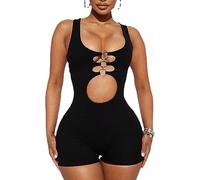 KOEMCY Damen Jumpsuit Kurz Overall Sexy Hollow Out Sommer Casual Hosenanzug Playsuit Ärmellose Tank Top Lose Hose Romper Workout Casual Yoga Fitness (Schwarz, L)