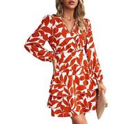KOEMCY Damen Kleid Drucken Langarm V-Ausschnitt Hohe Taille Maxikleid Strandkleid Hemdblusenkleid Elegant Strandtunika Rüschen Herbst Kleider (Braun,M)