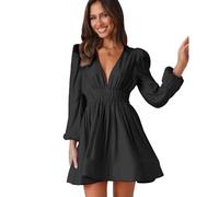 KOEMCY Damen Kleid Langarm Deep V-Ausschnitt Kleid Sexy A Linie Slim Freizeitkleider Elegant Party Mini Herbst Cocktailkleid Club Party (S)