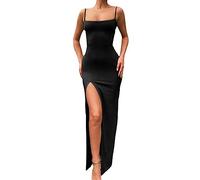 KOEMCY Damen Kleider Lange Sexy Spaghetti Cocktailkleid Sommerkleid Maxikleider Elegant Bleistiftkleid Cami Kleid Bodycon Kleider mit Schlitz (Schwarz, L)
