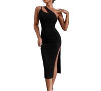 KOEMCY Damen Kleider Sexy Bodycon One Shoulder Schulterfrei Ärmellos Freizeitkleid Midikleid Abendkleidung Schlitz Tank Kleid (Schwarz, M)