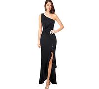 KOEMCY Damen Kleider Sexy One Shoulder Cocktailkleider Elegant Raffungen Beinschlitz Party Kleid Hochzeit Abendkleider Ärmelloses (Schwarz,S)