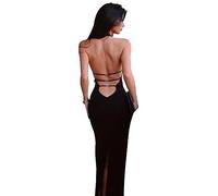 KOEMCY Damen Kleider Sexy Rückenfrei Kleid Neckholder Knielang Abendkleid Ärmelloses Bodycon Partykleid Sommerkleid (Schwarz, S)