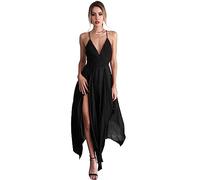 KOEMCY Damen Kleider Sexy Rückenfrei Midikleid Spaghettiträger Partykleid V-Ausschnitt Kleider mit Schlitz Cocktailkleider Elegant Abendkleider Ärmellos (Schwarz, XL)