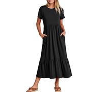 KOEMCY Damen Kleider Sommerkleid Kurzarm Kleider Blusekleid A-Linie Kleid Strandkleid Langes Kleid Maxikleid mit Taschen (Schwarz, M)