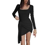 KOEMCY Damen Langarm Minikleid Square Neck Neckholder Bodycon Rückenfreies Abendkleid Krawatte Partykleid Freizeitkleid Herbst (Schwarz,M)