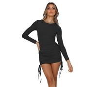 KOEMCY Damen Minikleid Langarm Rundhals Strick Kleid Bodycon Figurbetontes Kleid Einfarbig Kordelzug Partykleid Freizeitkleid Herbstkleider (Schwarz,XL)