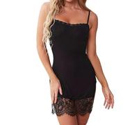 KOEMCY Damen Negligee Sexy Satin Nachthemd Nachtwäsche Tiefer Ausschnitt Babydoll Spitze Dessous Sexy Lingerie Spaghetti Träger Kleid Sleepwear Rückenfreier Nachtwäsche(Schwarz/M)