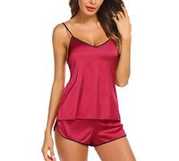 KOEMCY Damen Schlafanzug Sexy Dessous Pyjama Satin Nachtwäsche Sexy V-Ausschnitt Sleepwear Ärmellose Camisole Shorts Sets (Rot,XL)