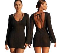KOEMCY Damen Strandkleid Bikini Cover Up Spitzen Mini Sommerkleid Badeanzug Überwurf Sexy Cutout Wickelkleid Bikinibluse Trägerkleid Strandkleid für Pool Strand Party (Schwarz,S)